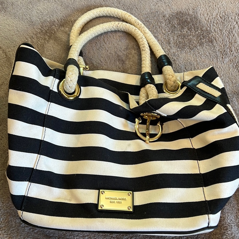 Michael Kors nautical themed purse 10”x15” black and white striped